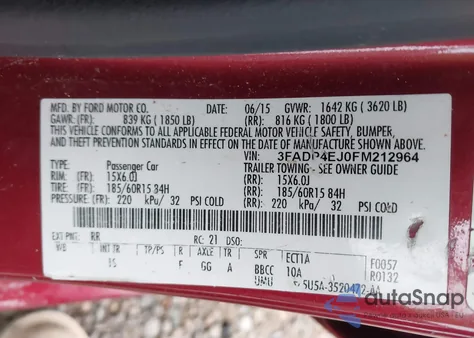 2015 Ford Fiesta Se z USA, uszkodzony, nr VIN 3FADP4EJ0FM212964